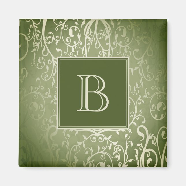 Grönt Elegant, blommande monogrammagnet Magnet (Framsidan)