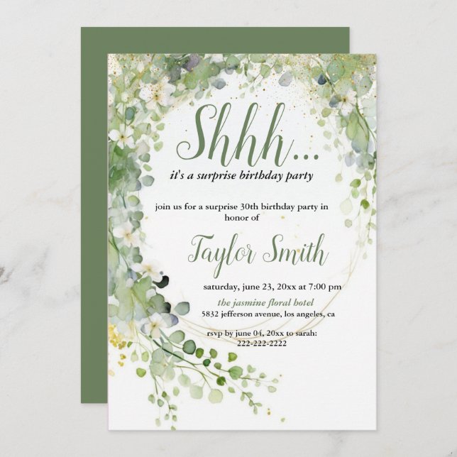 grönt elegant Blommigt Surprise Party Inbjudan (Fram/baksida)