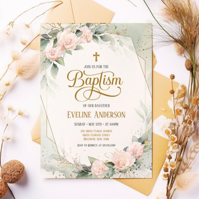 Grönt Elegant Blommigt Vintage  Vattenfärgaptism Inbjudningar (Skapare uppladdad)