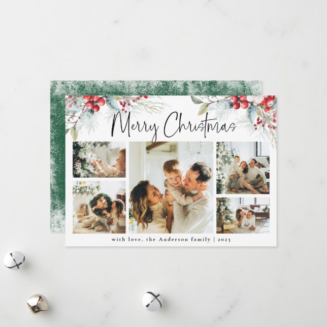 Grönt Elegant Botaniskt fotokollage jul Julkort (Fram/Back In Situ)