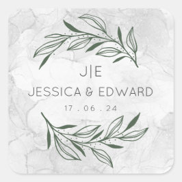 Grönt Elegant bröllop Watercolor Blommigt par Fyrkantigt Klistermärke
