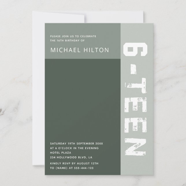 Grönt elegant färg blockpojke sweet sixteen inbjudningar (Framsida)