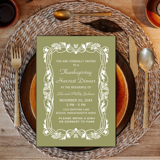 Grönt Elegant Gräns Thanksgiving Inbjudan (Green Elegant Border Thanksgiving Invite)