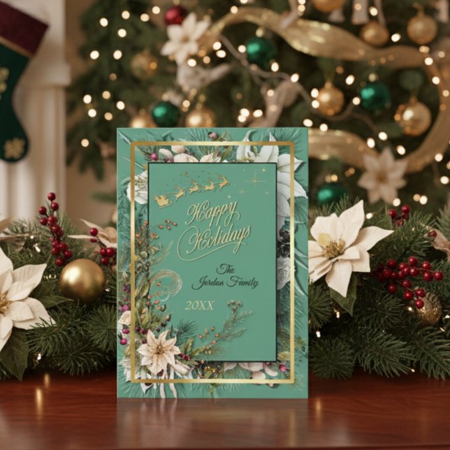 Grönt Elegant Guld och Blommigt julkort (Skapare uppladdad)