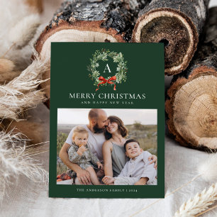 Grönt Elegant Monogram God jul två foto Julkort