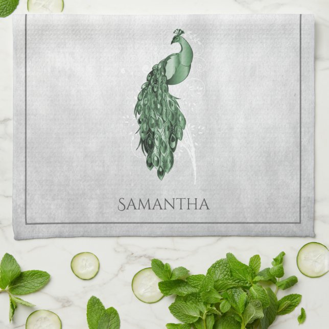 Grönt Elegant Peacock Kitchen Towel Kökshandduk (Vikta)