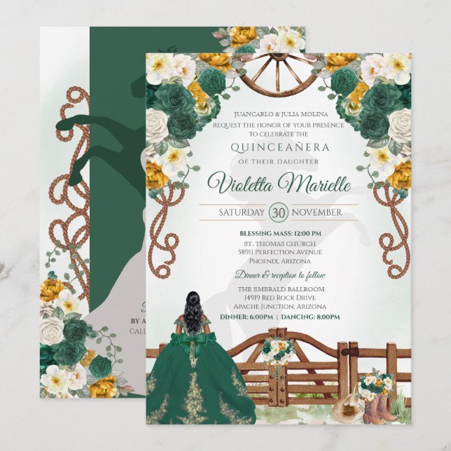 Grönt Elegant Rustic Western Charro Quinceanera Inbjudningar (Fram/baksida)
