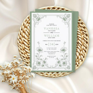 Grönt elegant vintage blommigt ram bröllop inbjudningar