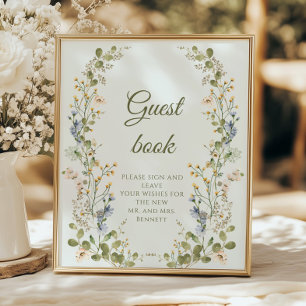 Grönt Elegant WildblomPastel Bröllop Guestbook Poster