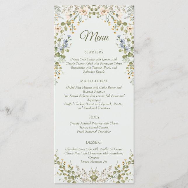 Grönt Elegant WildblomPastel Bröllop Meny (Framsida)