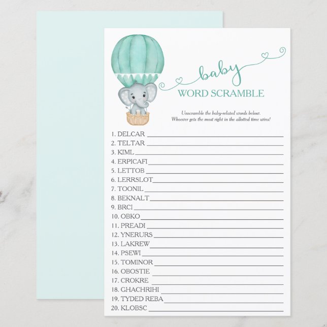 Grönt Elephant Baby Shower Ord Scramble Game (Fram/baksida)