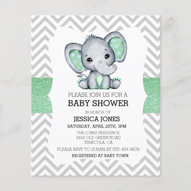 Grönt Elephant Chevron Glitter Baby Shower-inbjuda (Framsida)
