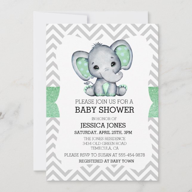 Grönt Elephant Chevron Glitter Baby Shower Inbjudningar (Framsida)