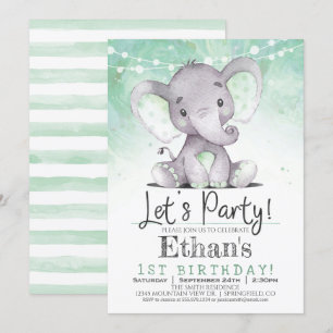 Grönt Elephant Födelsedagsfest inbjudan