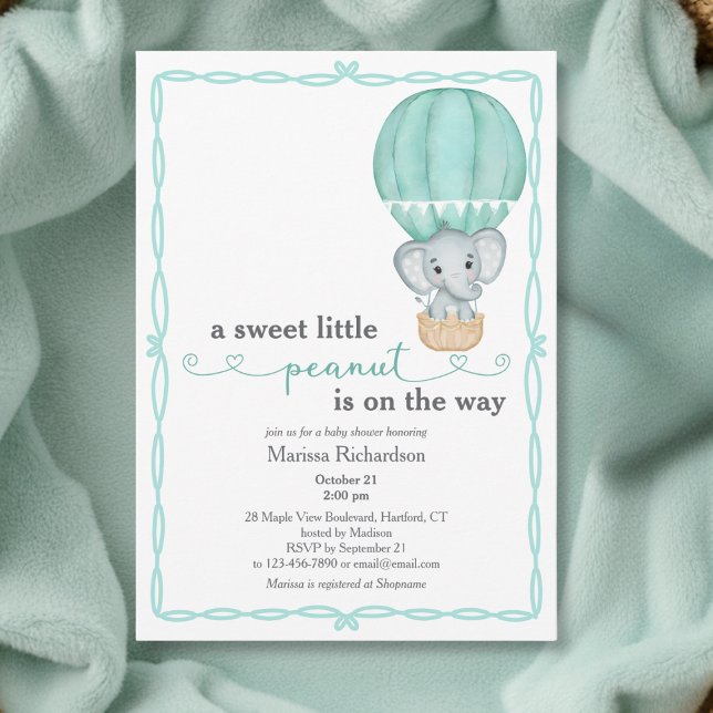 Grönt Elephant Gender Neutral Baby Shower Inbjudningar (elegant sweet little peanut green elephant balloon gender neutral baby shower invitation card)
