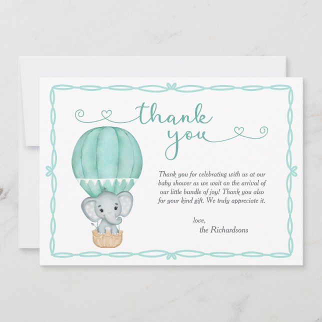 Grönt Elephant Gender Neutral Baby Shower Tack Kort (Framsida)