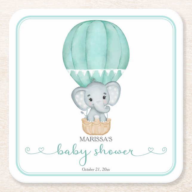 Grönt Elephant Gender Neutral Baby Shower Underlägg Papper Kvadrat (Framsidan)