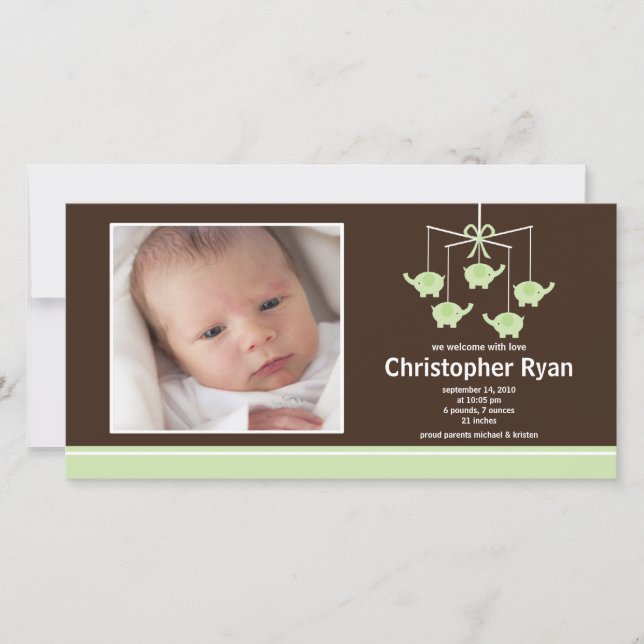 Grönt Elephants Pojke Birth Annoucement Meddelande (Framsida)