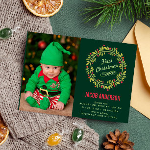Grönt Elf Första julfoto Birth Notice Meddelande
