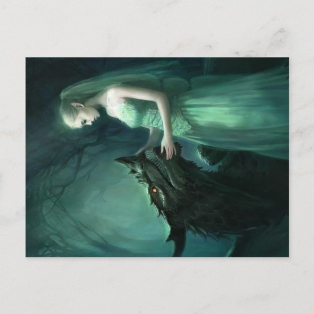 Grönt Elf och Dragon vykort | Fantasy Art (Framsida)
