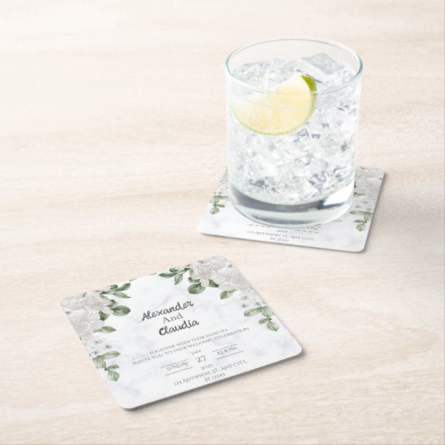 Grönt Elgant Flower Bröllop Underlägg Papper Kvadrat (Insitu)