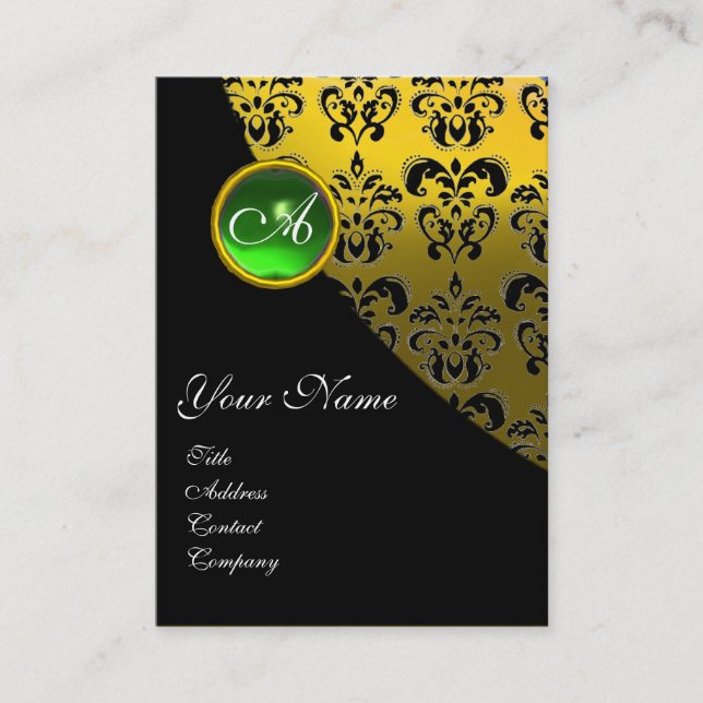 GRÖNT EMERALD BLACK DAMASK MONOGRAM, gult Visitkort (Framsida)