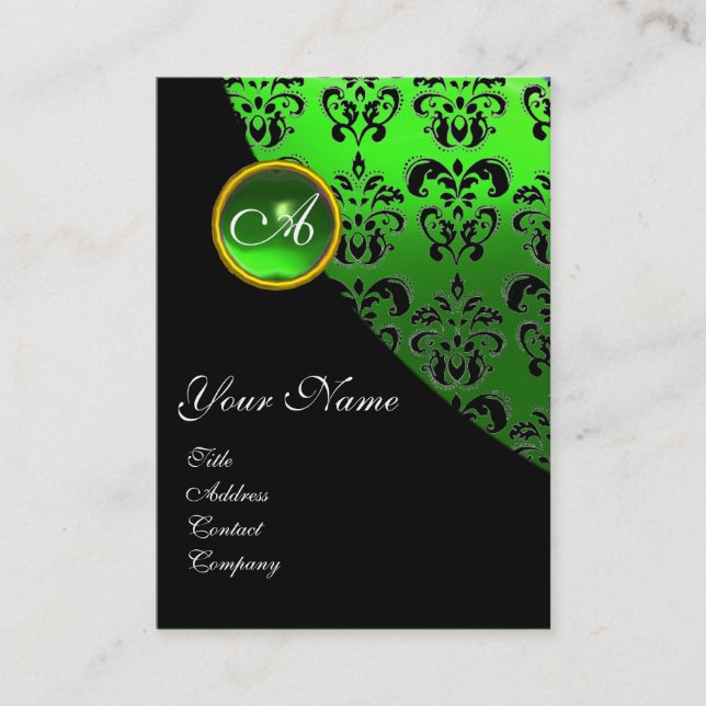 GRÖNT EMERALD DAMASK MONOGRAM VISITKORT (Framsida)