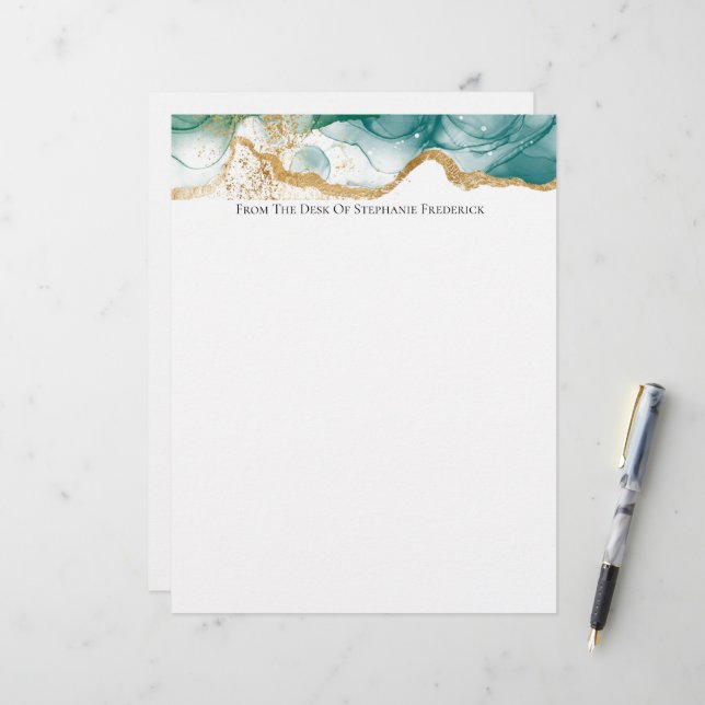 Grönt Emerald Guld Gräns Modern Trendig Watercolor Brevhuvud (Fram/Back In Situ)