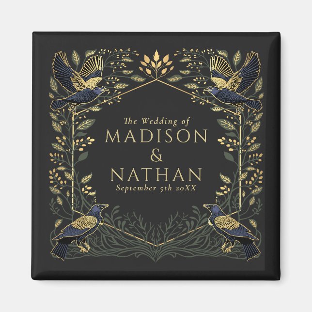 Grönt Enchanted Gothic Raven Blommigt Bröllop Magnet (Framsidan)