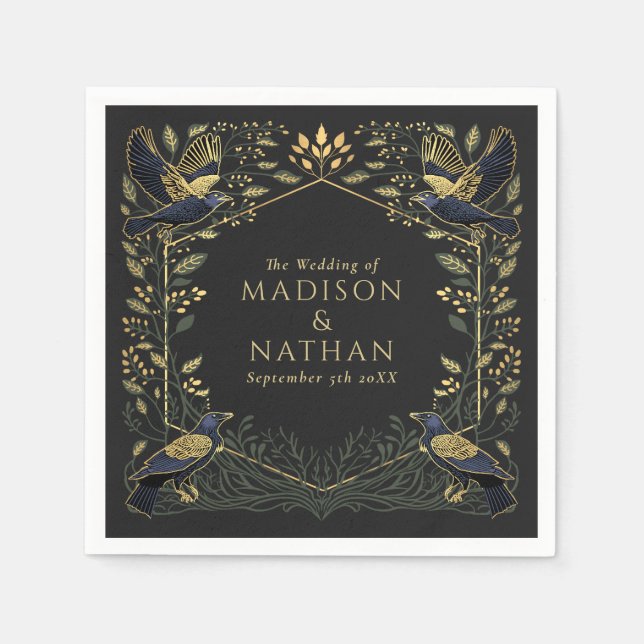 Grönt Enchanted Gothic Raven Blommigt Bröllop Pappersservett (Framsidan)