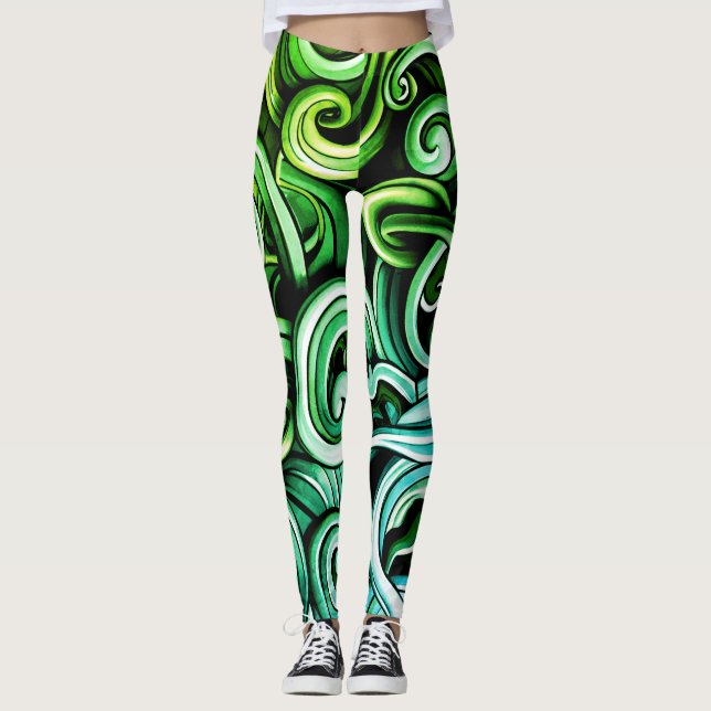 Grönt Energy Swirls Leggings (Framsida)