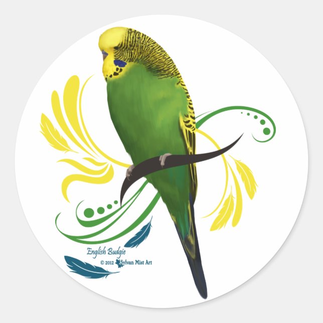 Grönt English Budgie Runt Klistermärke (Framsida)