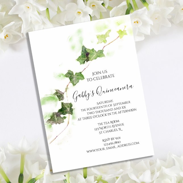 Grönt English Ivy Vine Watercolor Quinceanera Inbjudningar (Skapare uppladdad)
