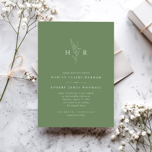 Grönt Enkelt minimal monogram botaniskt Bröllop Inbjudningar