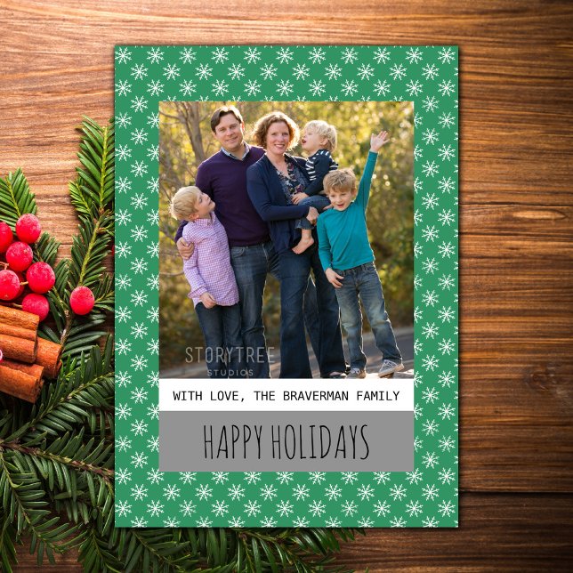 Grönt - enkelt softaflingkort för Helgdag med foto Julkort (Green Simple Snowflake Holiday Photo Card)