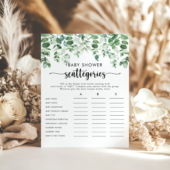 Grönt Eucalyptus Baby Shower Scattegories Game (Skapare uppladdad)