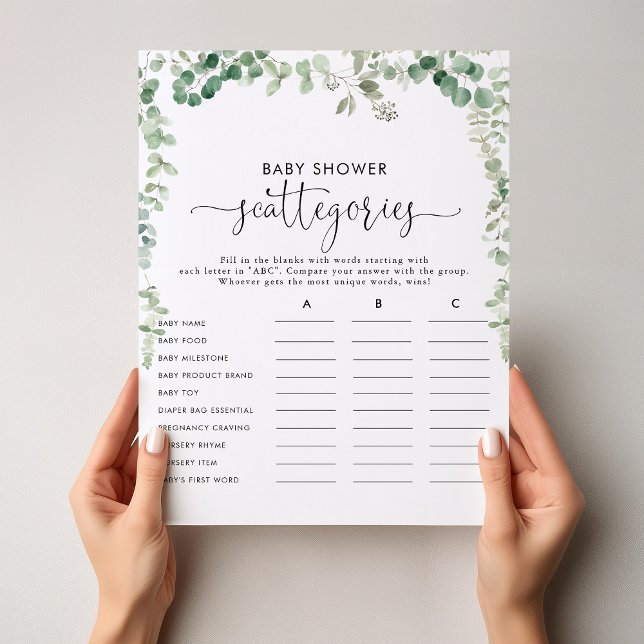 Grönt Eucalyptus Baby Shower Scattegories Game (Skapare uppladdad)