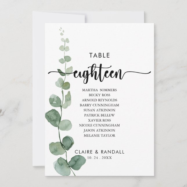 Grönt Eucalyptus Bordsnummer 18 Sittplatsdiagram (Framsida)