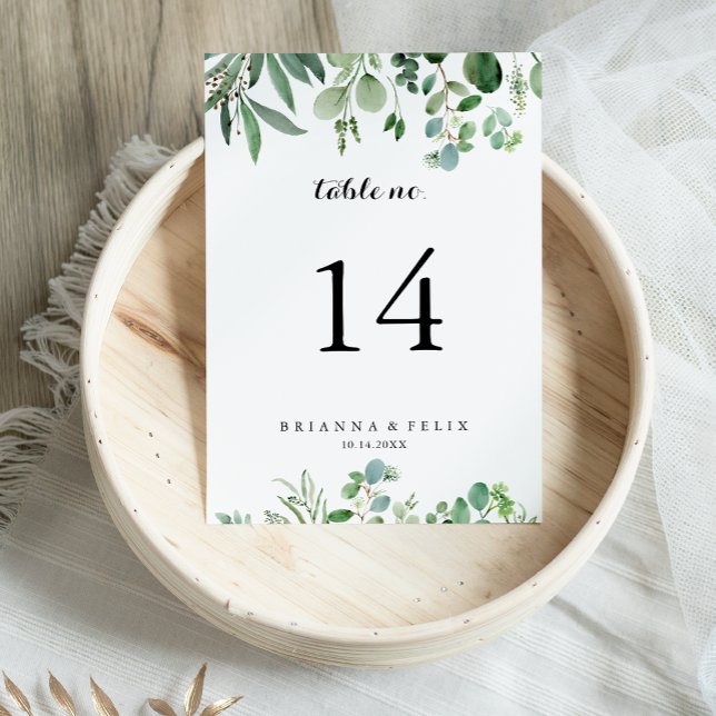 Grönt Eucalyptus Botanical Calligraphy Bröllop Bordsnummer (Skapare uppladdad)