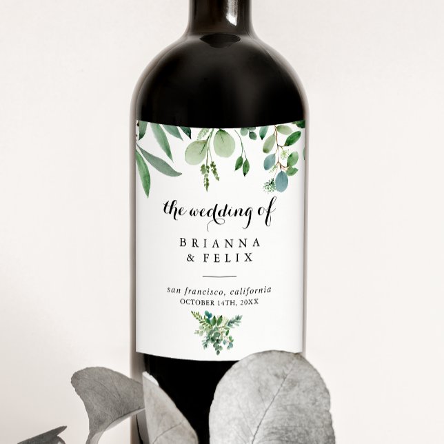 Grönt Eucalyptus Botanical Calligraphy Bröllop Vinflaska Etikett (Skapare uppladdad)
