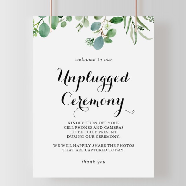 Grönt Eucalyptus Botanical Unplugged Ceremony Sign Poster (Skapare uppladdad)