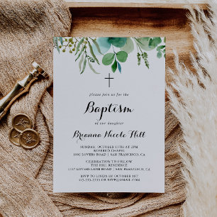 Grönt Eucalyptus Botanisk kalligrafi Baptism Inbjudningar