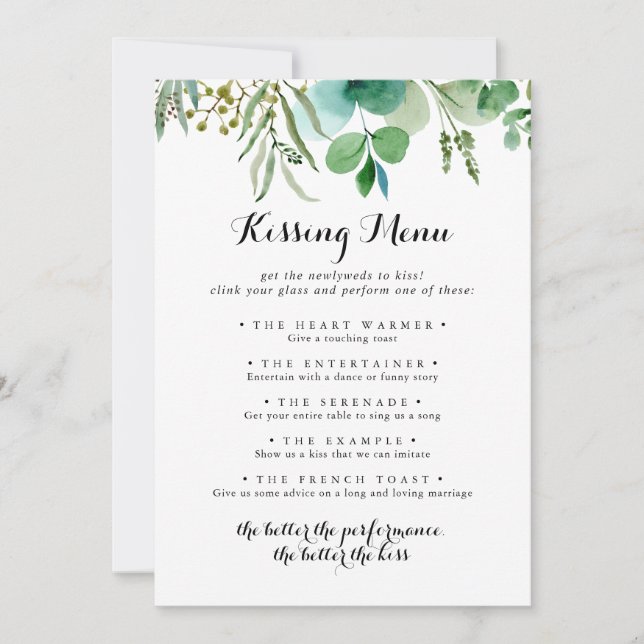 Grönt Eucalyptus Bröllop Kissing Menu Game Card (Framsida)