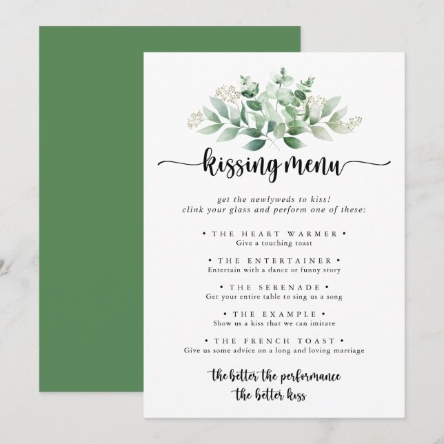 Grönt Eucalyptus Bröllop Kissing Menu Game Card (Fram/baksida)