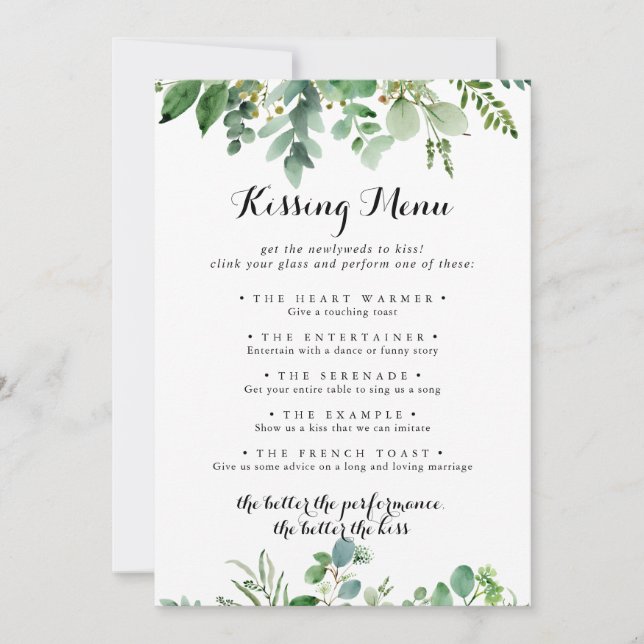 Grönt Eucalyptus Bröllop Kissing Menu Game Card (Framsida)