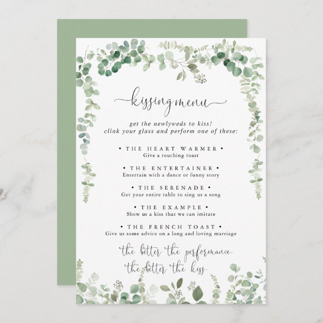 Grönt Eucalyptus Bröllop Kissing Menu Game Card (Fram/baksida)