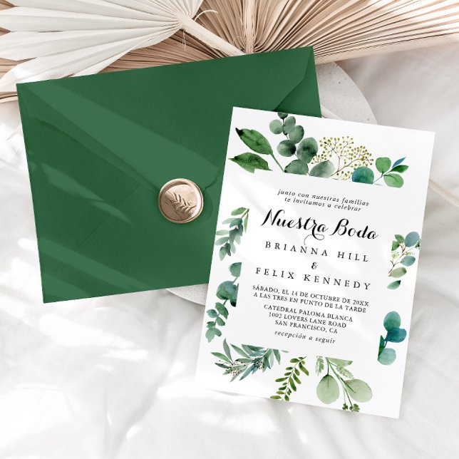 Grönt Eucalyptus Calligraphy Nuestra Boda Bröllop Inbjudningar (Skapare uppladdad)