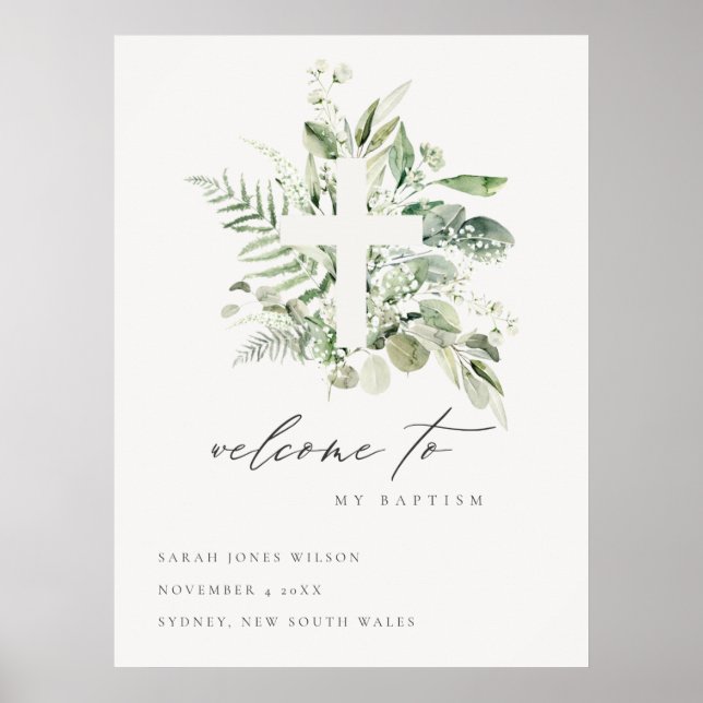 Grönt Eucalyptus Fern Fauna Kor Baptism Välkommen Poster (Framsidan)