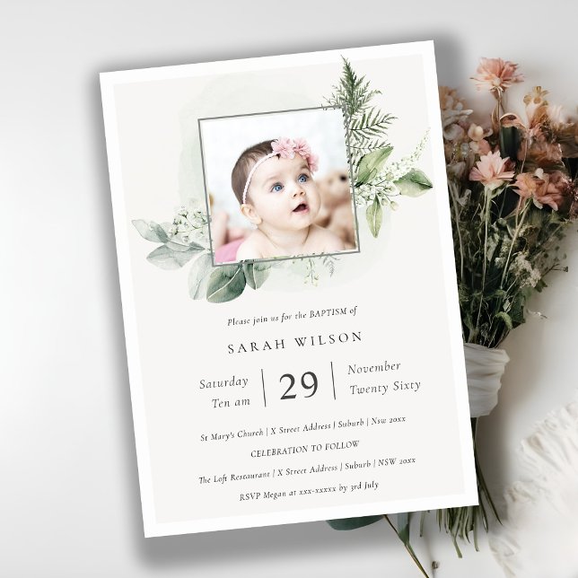 Grönt Eucalyptus Fern Foliage Photo Baptism Inbjud Tack Kort (Skapare uppladdad)