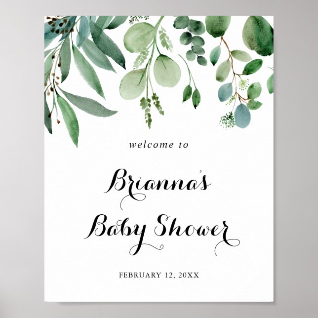 Grönt Eucalyptus Foliage Baby Shower Välkommen Poster (Framsidan)